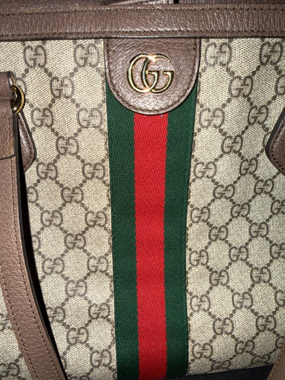 Gucci Beige GG Supreme Tote with Brown Leather and Red/Green Stripe - Picture 11 of 12